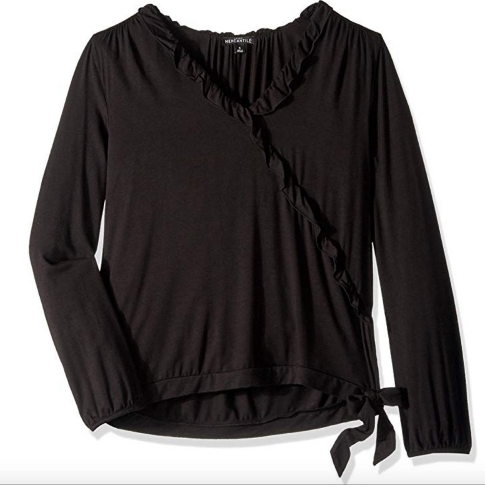 J.Crew Mercantile Ruffle Trim Wrap Top Black Size XXS NWT